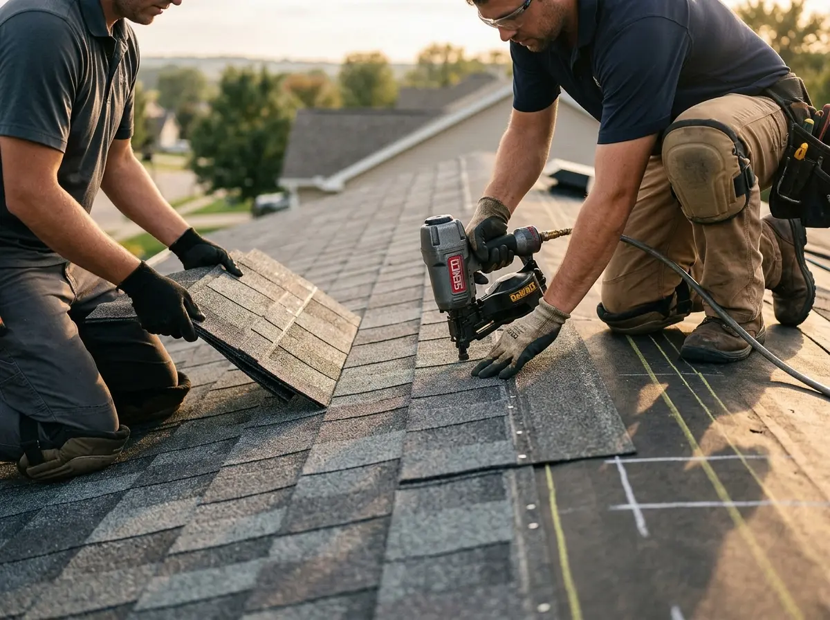 Professional roofer working on a residential roof in Guilford
